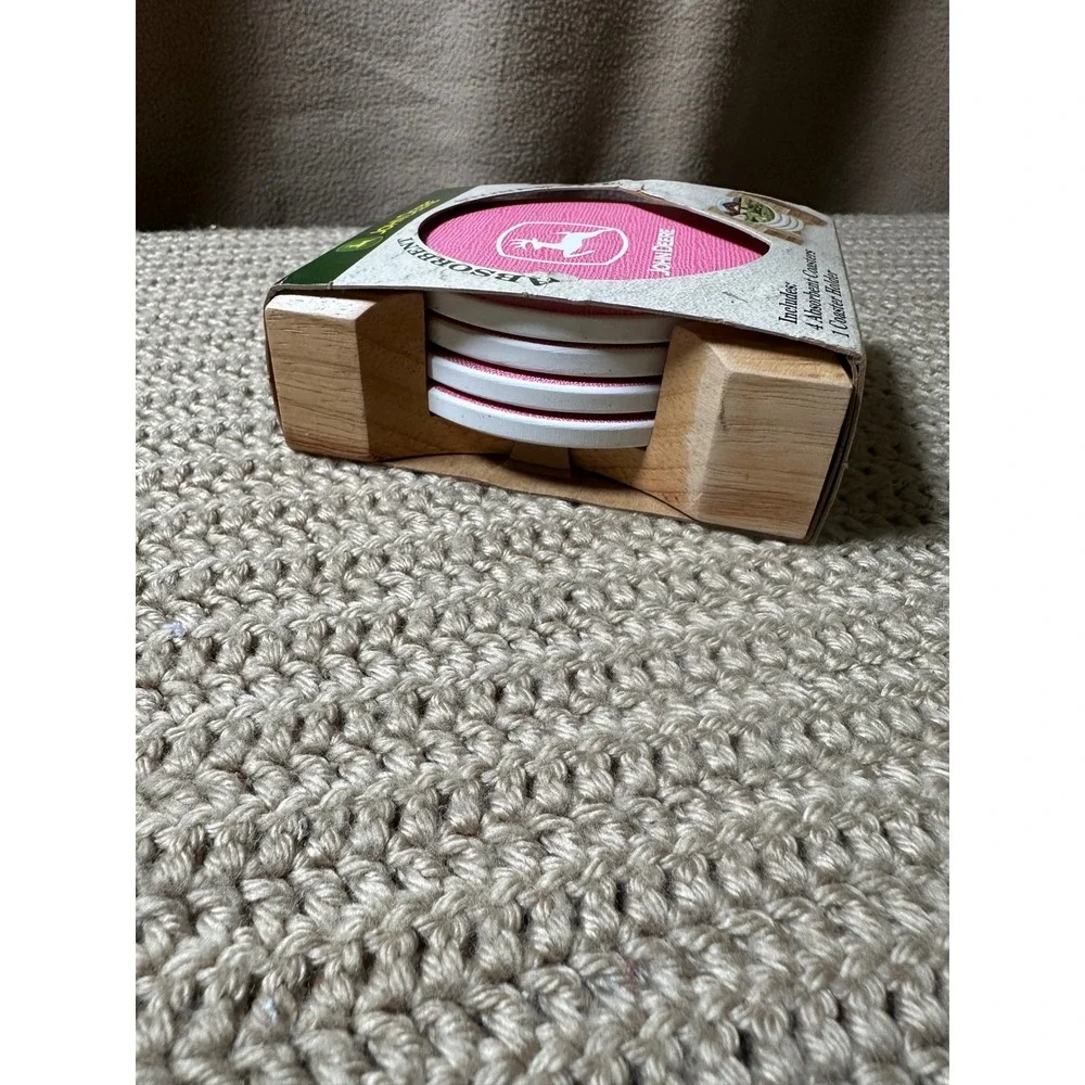John Deere Pink Absorbent Stoneware Coasters with Wood Holder 5 Piece Set